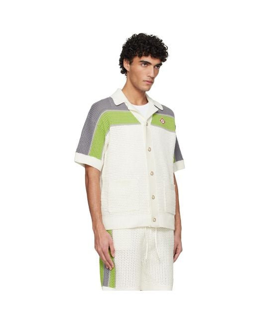Casablanca White Off- Stripe Crochet Short Sleeve Shirt for men