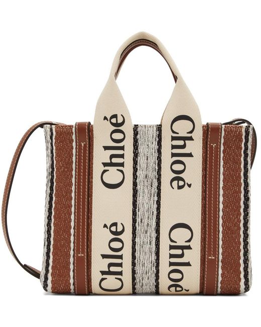 Chloé Off-white & Brown Linen Striped Small Woody Tote | Lyst Australia