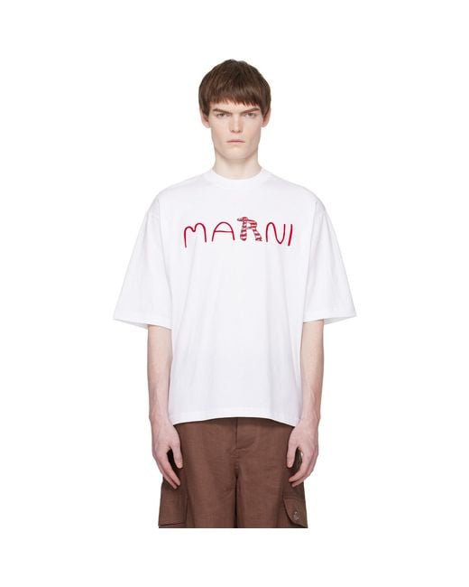 Marni White Flocked Animal Alphabet Logo' T-Shirt for men
