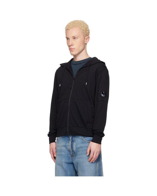 C P Company Black Light Fleece Zip Lens Hoodie for men