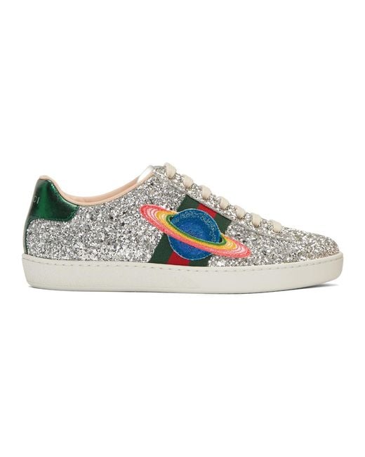 Gucci Metallic Silver Glitter Planet New Ace Sneakers