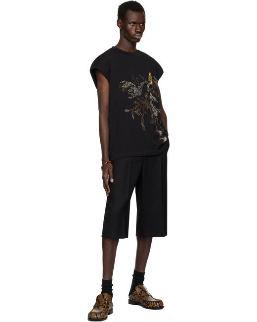 メンズ Dries Van Noten ブラック 刺繍 ノースリーブTシャツ Black