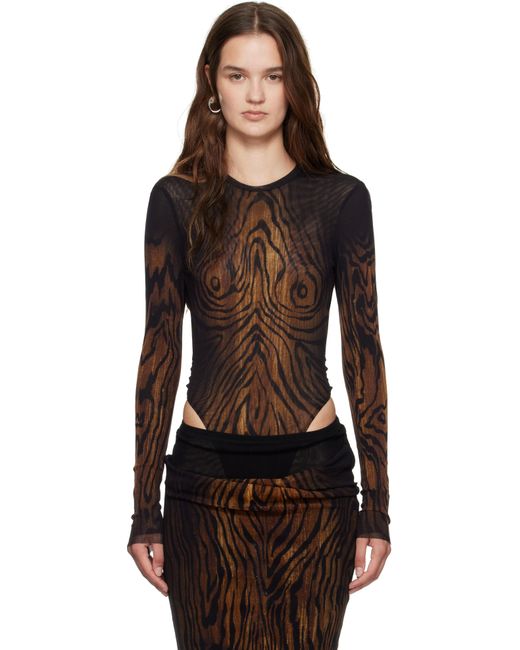 Jean Paul Gaultier Black Mesh Double Layer Printed Wood Bodysuit