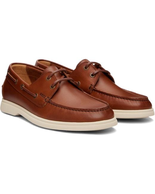 Boss Brown Leather Boat Shoes for men