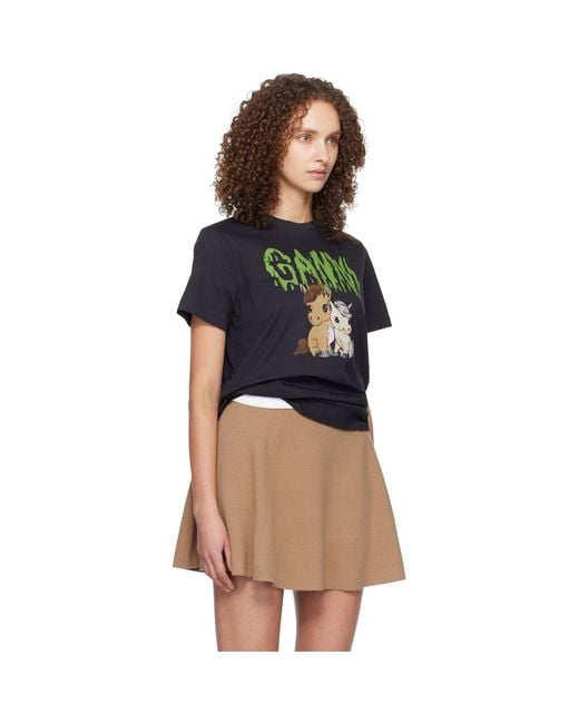 Ganni Black Graphic Cotton T-Shirt