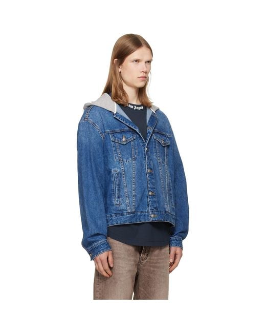 Palm Angels Blue Curved Logo Denim Jacket for men
