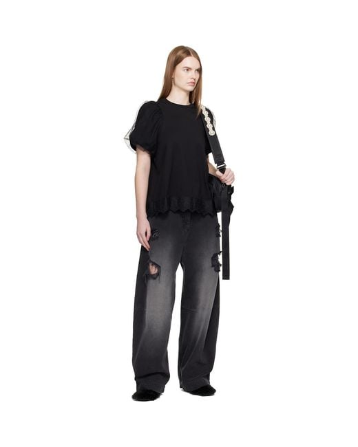 Simone Rocha Black Tulle Overlay Puff Sleeve Lace Trim T-Shirt