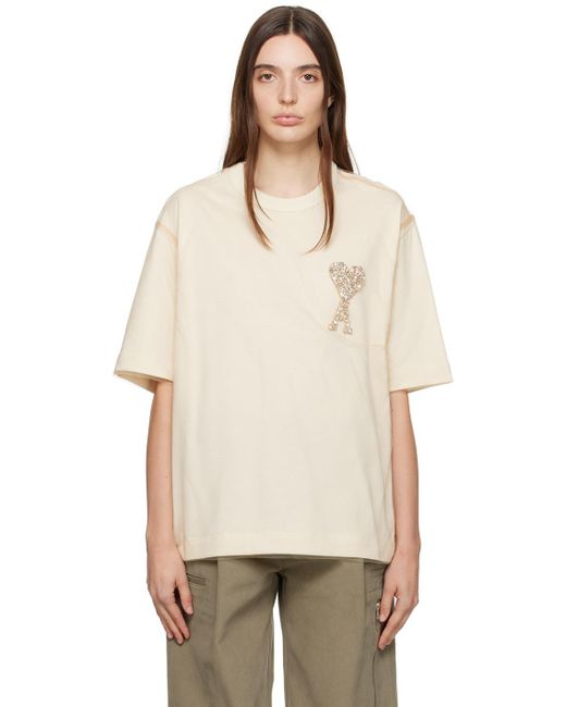 AMI Natural Jersey And Tulle T Shirt With Rhinestone Studded Logo