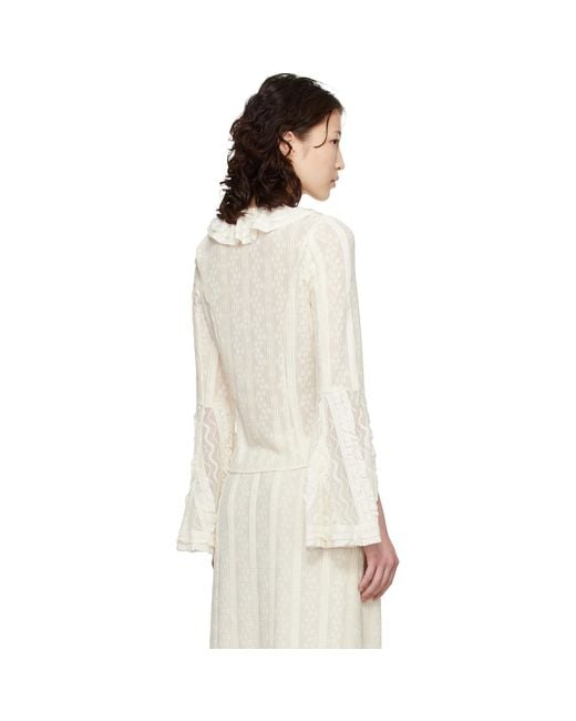 Anna Sui White Off- Floral Ruffle Stretch Lace Blouse