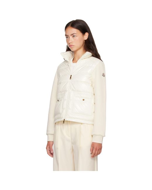 Moncler White Off- Zip Up Cotton Fleece Down Cardigan