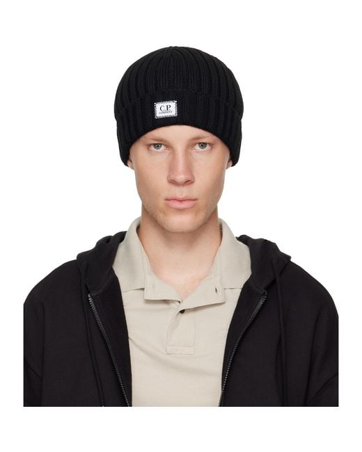 C P Company Black Extrafine Merino Wool Logo Beanie for men