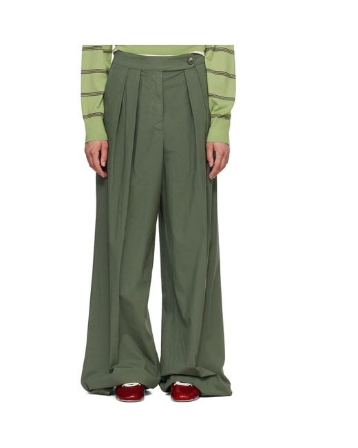 Dries Van Noten Green Khaki Wide Pleated Trousers