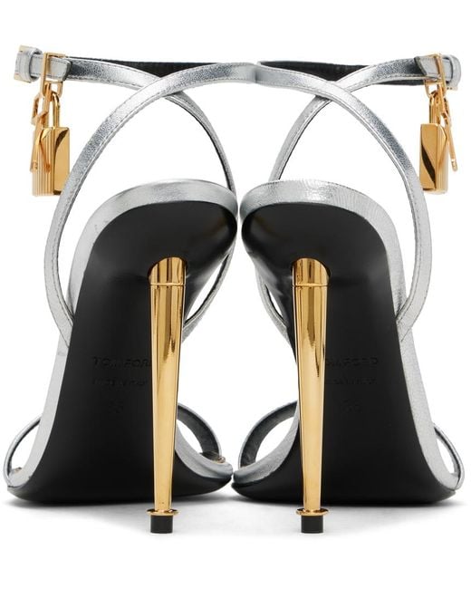 Tom Ford Metallic Silver Padlock Pointy Naked Heeled Sandals