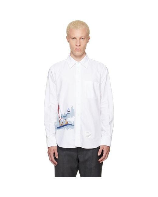 Thom Browne White Scenic Sailboat & Shark Oxford Shirt for men