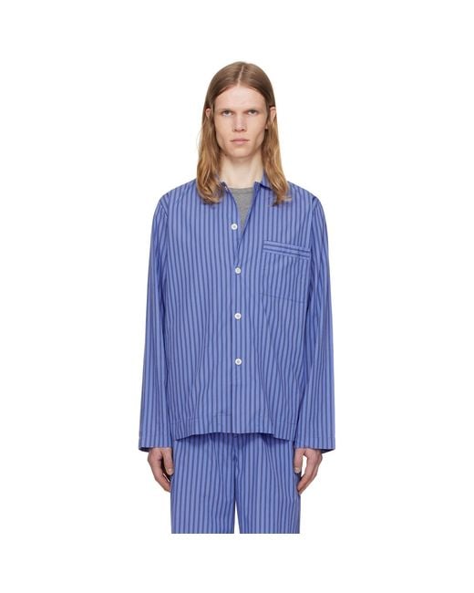 Tekla Blue Poplin Long-Sleeved Pyjama Shirt for men