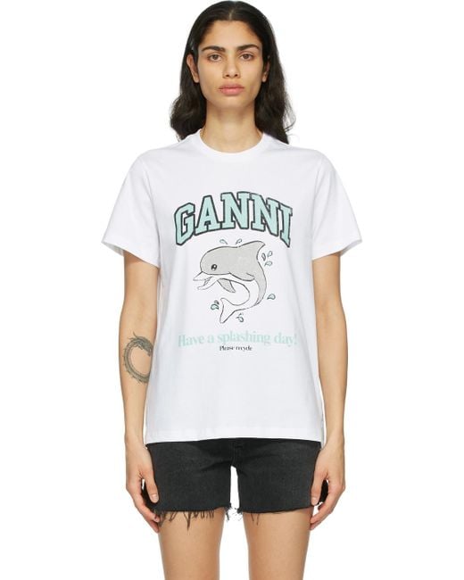 GANNI　ドルフィン　Tシャツ Ganni Black T-shirt With Dolphin Graphic Print In Cotton