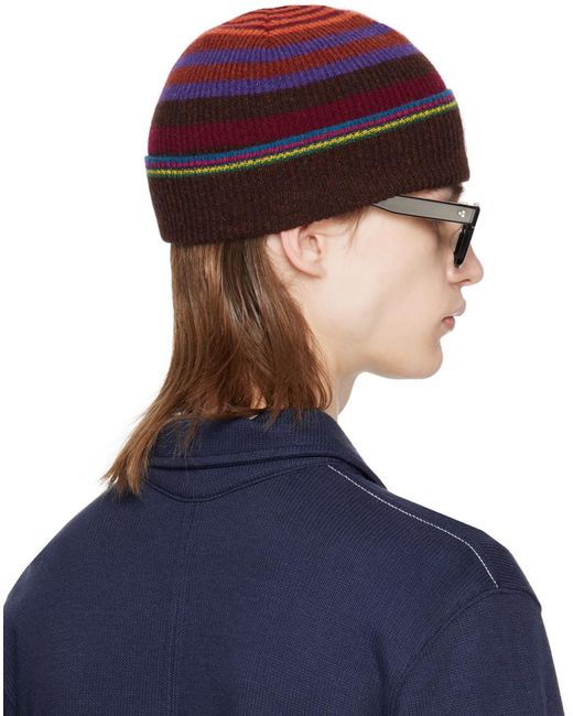 PS by Paul Smith Blue Burgundy Zebra Stripe Beanie for men