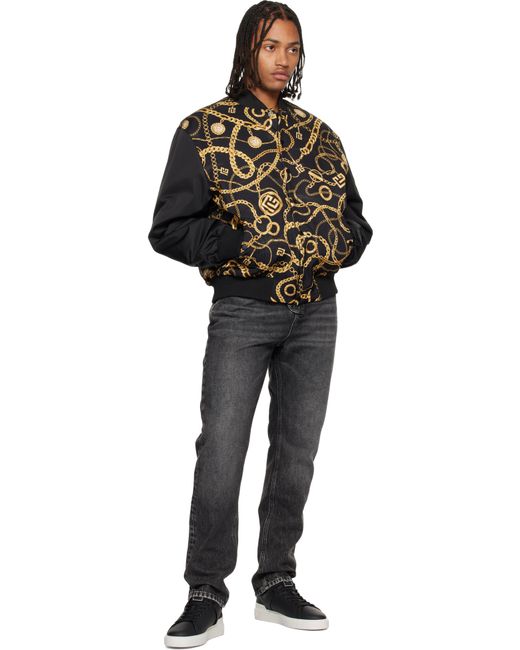 Balmain Black Chaînes Pattern & Monogram Reversible Bomber Jacket for men