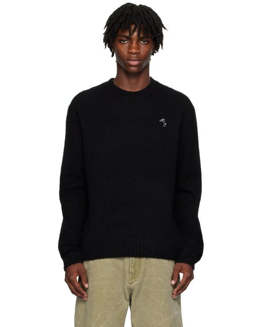 Acne Black Crewneck Sweater With Contrasting Embroidered Logo In Wool for men