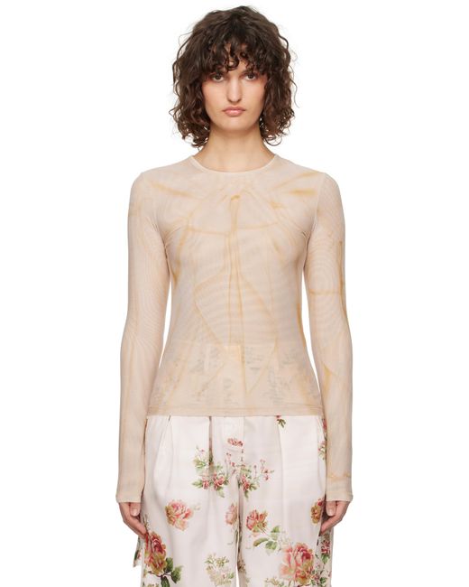 OPEN YY Multicolor Ribbon Print Mesh Long Sleeve T-Shirt