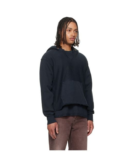 Les Tien Blue Heavyweight Raw Cropped Hoodie for men