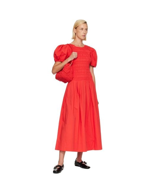 Ganni Red Smocked Cotton Midi Dress