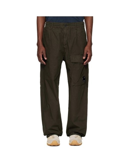 C P Company Black Khaki Micro-Reps Boxy Leg Pocket Lens Cargo Pants for men