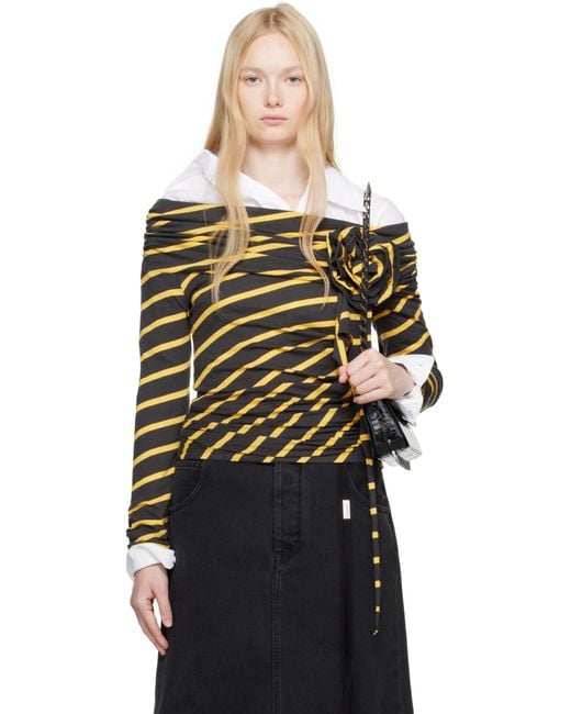 VAQUERA Black Striped Cold Shoulder T-Shirt