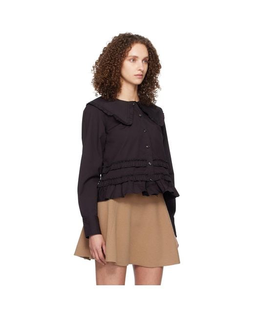 Ganni Black Stretch Cotton Ruffle Shirt