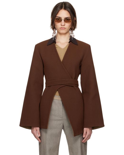 Tory Burch ブラウン アシンメトリー ピケ ラップ テーラードジャケット Brown