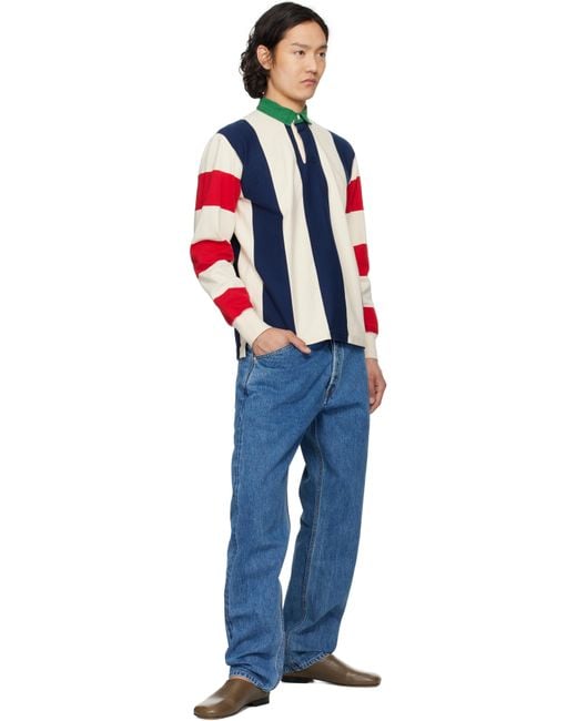 Drake's Red Off- & Vertical Block Stripe Cotton Rugby Polo for men