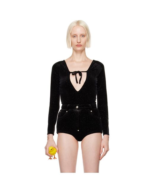 Pushbutton Black Front Self Tie Bodysuit