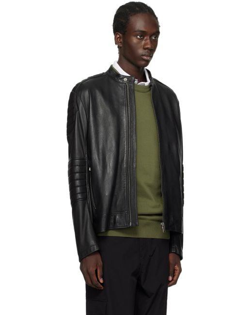 Boss Black Quilted Leather Bomber Jacket for men