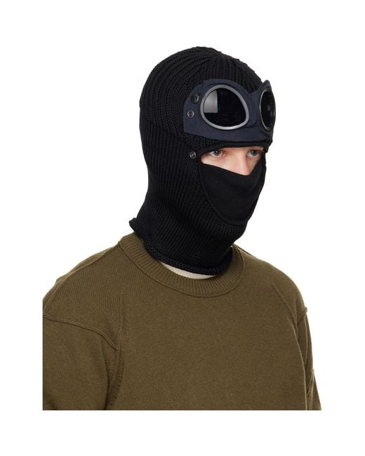 C P Company Black Extrafine Merino Wool Goggle Balaclava for men