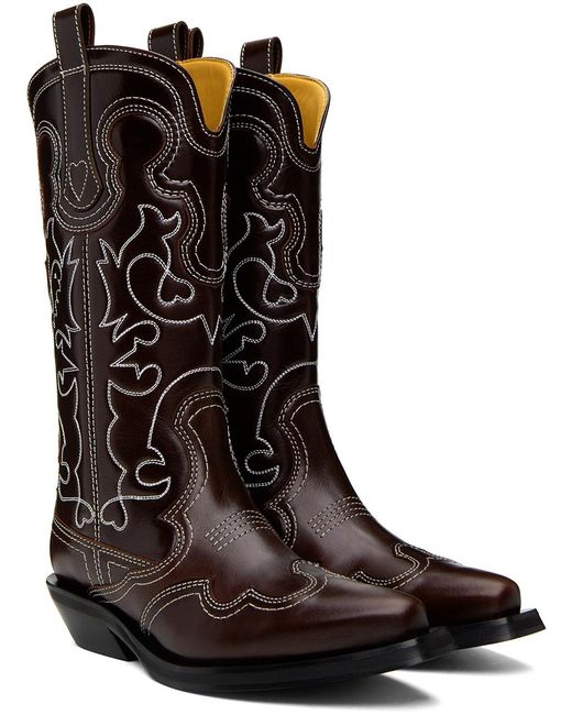 Ganni Brown Mid Shaft Embroidered Leather Western Boots
