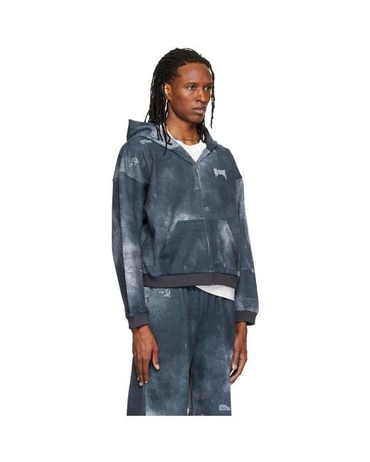 we11done Blue Trompe L'Oeil Denim Printed Zip-Up Hoodie for men