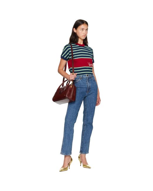 Versace Blue Embroidered-Logo Striped-Intarsia Cotton T-Shirt