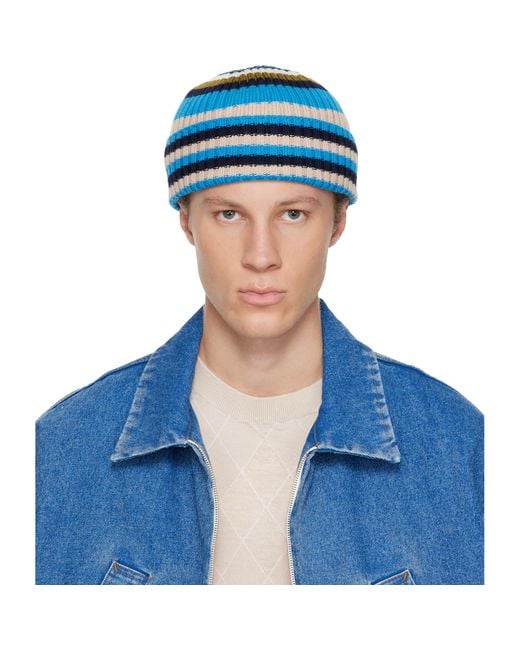 Marni Blue Striped Ribbed Beanie for men
