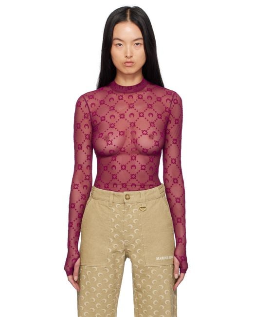 MARINE SERRE Red Moonogram Mesh Flock Second Skin Top
