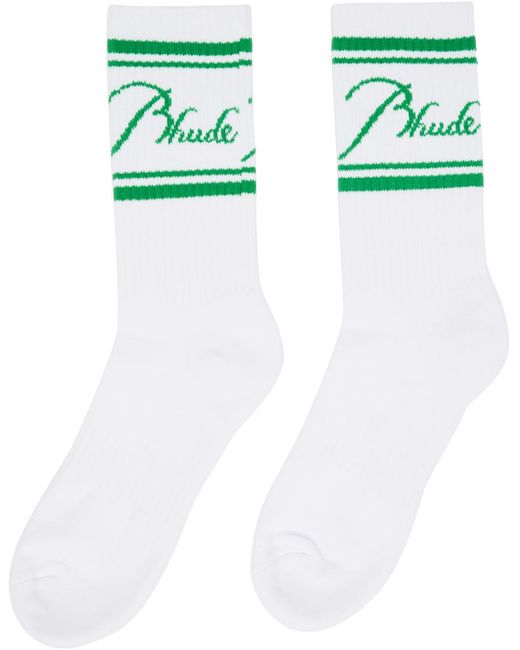 Rhude White & Green Script Socks for men