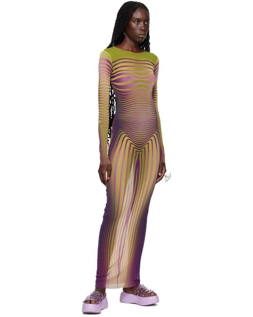Jean Paul Gaultier Multicolor The Green Body Morphing Stripe Long Sleeve Tulle Maxi Dress