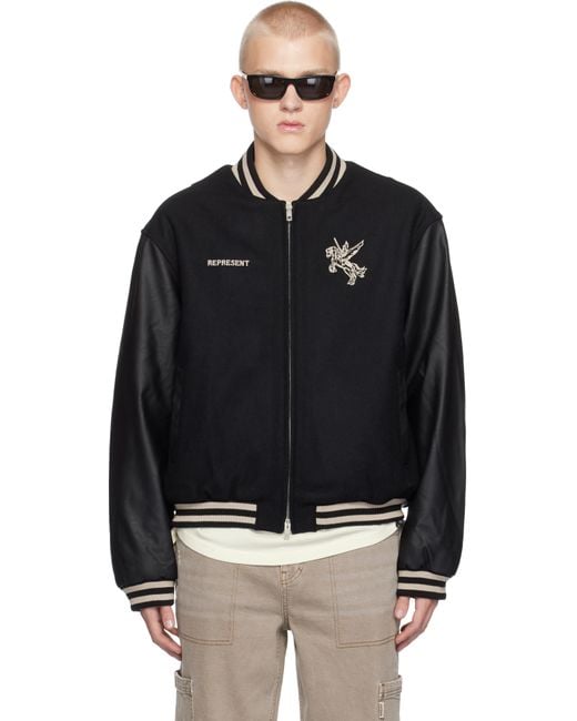 Represent Black Mascot Wool Varsity Bomber Jacket for men