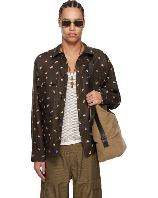 vowels Men's Black Embroidered Linen Chore Jacket