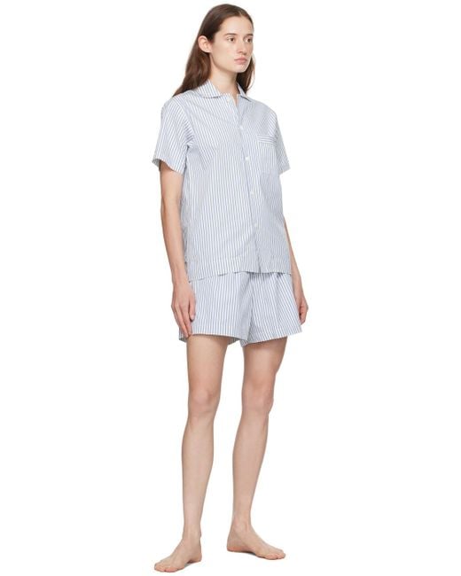 Tekla ホワイト&ブルー 半袖 パジャマシャツ White