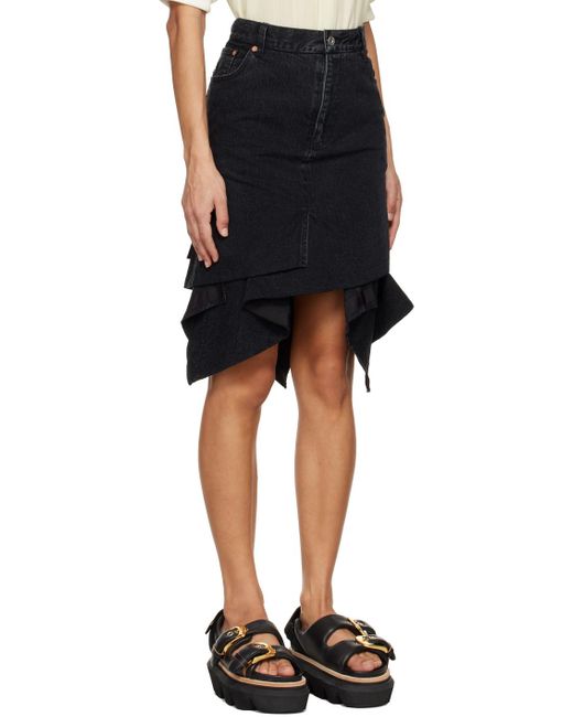 Sacai Black Asymmetric Denim Midi Skirt