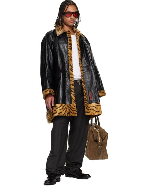 Martine Rose Black Tan Leopard Reversible Leather Coat for men