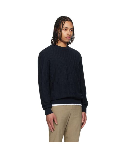 Boss Blue Cotton Knitted Structure Sweater for men