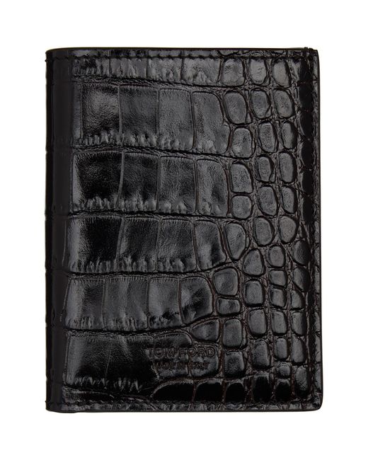 Tom Ford Black Shiny Printed Croc T Line Card Holder for men