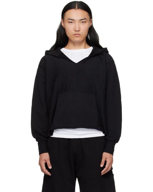 Les Tien Black Heavyweight Raw Cropped Hoodie for men