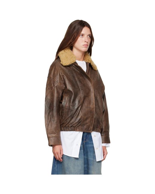 R13 Brown Removable Collar Leather Bomber Jacket